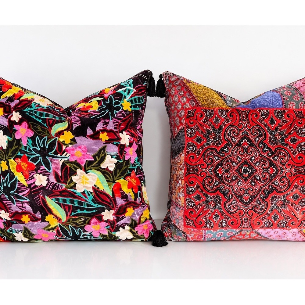 Johnny Was Velvet Floral Tassel Throw Pillow Covers Set of 2 Silk Blend $400 B